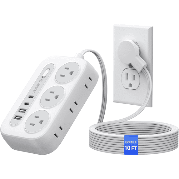 ORICO 10ft Surge Protector Power Strip with 6 Outlets & 4 USB Ports, Mountable Outlet Extender with USB-C for Home Office(White）