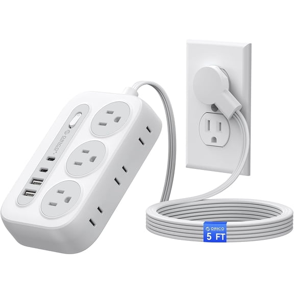 ORICO 10-in-1 Mountable Power Strip: 6 AC Outlets & 4 USB Ports (USB-A/USB-C) with Surge Protection, 5ft Flat Plug Outlet Extender for Wall(White)