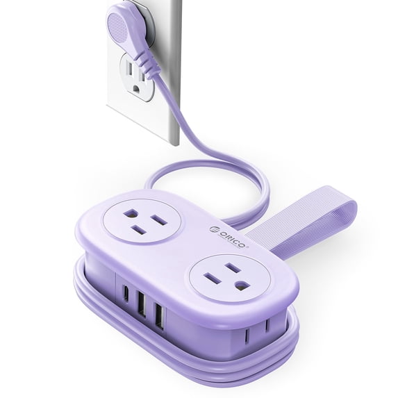 ORICO Travel Power Strip, 4 Outlets 3 USB Ports (1 USB C) with 4FT Wrap-Around Extension Cord, Compact Cruise Approved Power Strip No Surge Protector, Flat Plug for Hotel Dorm Essentials(Purple)