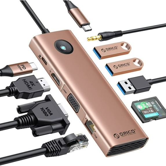 ORICO USB C Docking Station Dual Monitor,10 in 1 USB 3.0 C Hub Adapter Dual 4K HDMI VGA 3 USB 3.0, PD 100W, SD&TF, 3.5mm Audio, Gigabit Ethernet Type C Multiport Adapter for Laptop Windows Mac