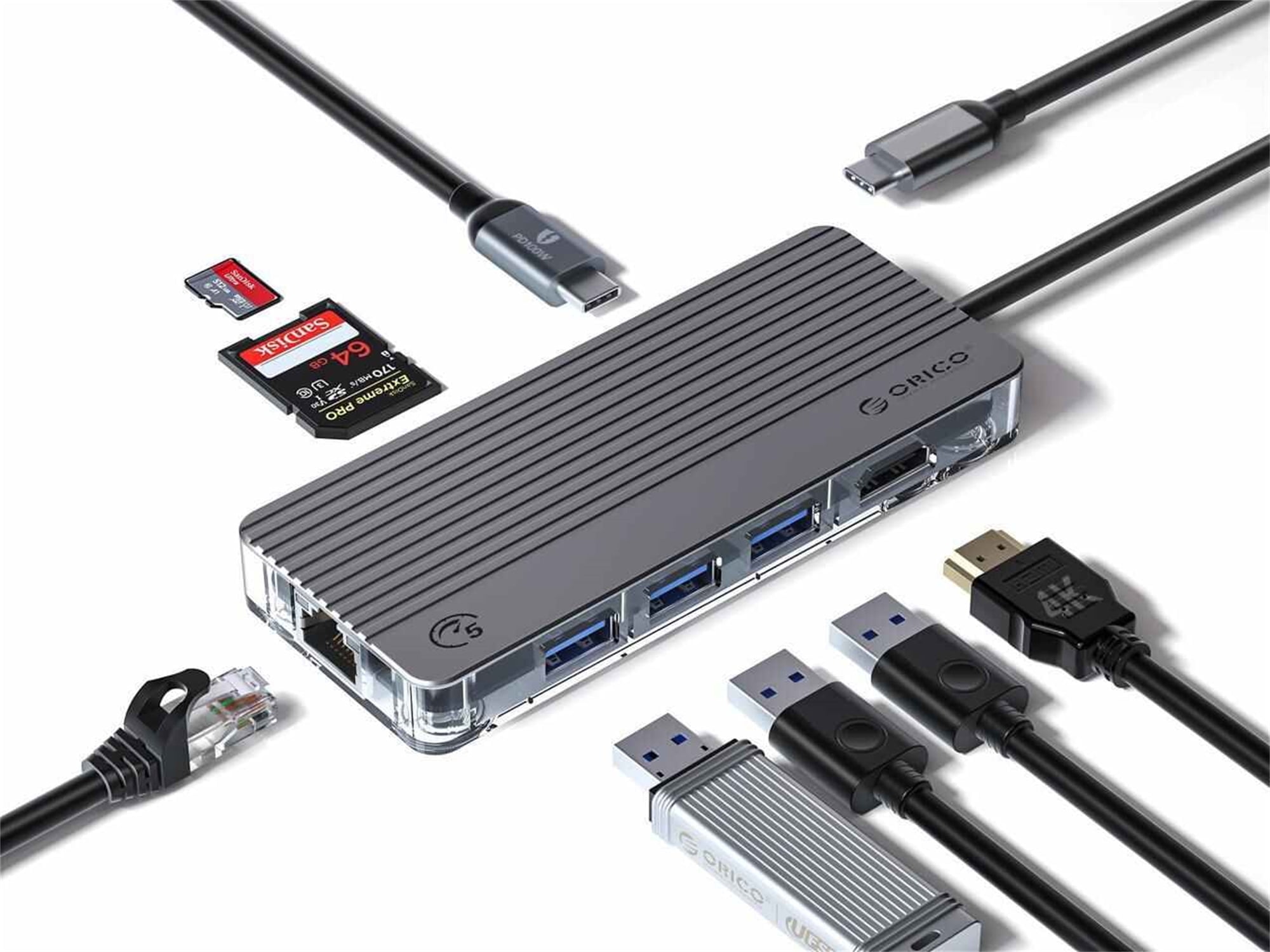 ORICO USB C Hub Adapter Laptop USB C Docking Station with HDMI 4K@30Hz 3 USB 3.0(5Gbps) RJ45 PD100W Charging SD/TF