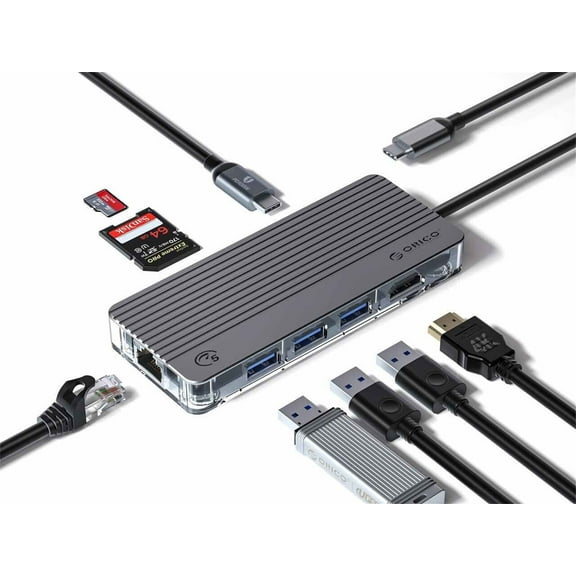 ORICO USB C Hub Adapter Laptop USB C Docking Station with HDMI 4K@30Hz 3 USB 3.0(5Gbps) RJ45 PD100W Charging SD/TF