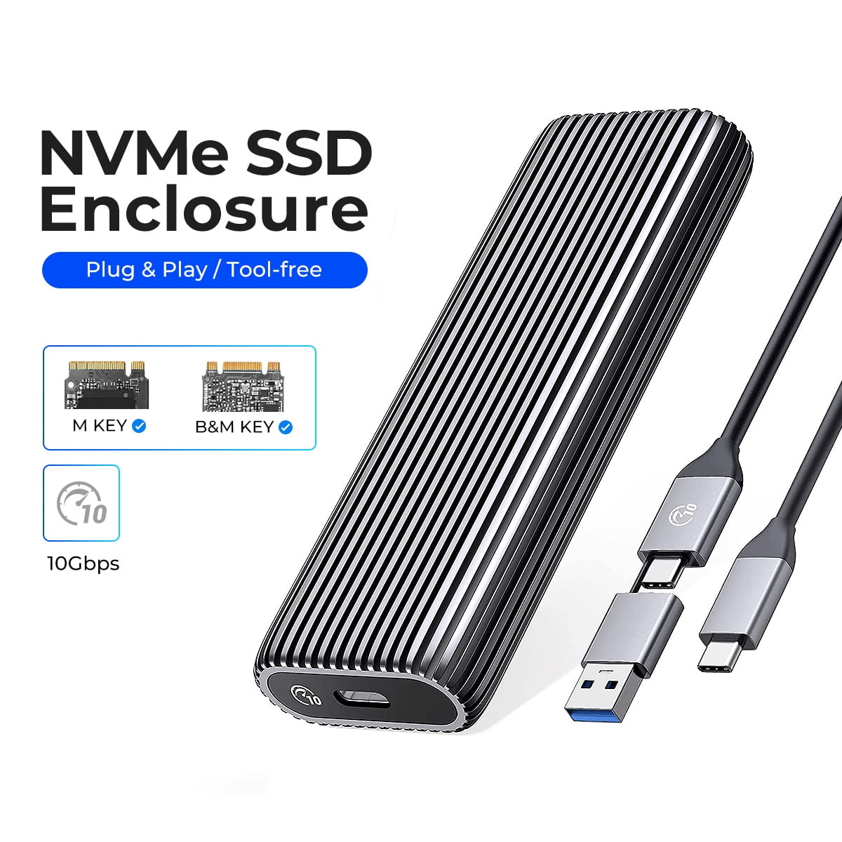 KingSpec M.2 NVMe SSD Enclosure, Tool Free NVMe PCIe SSD Adapter with  10Gbps USB C to C+A OTG Cable, Support M Key/B+M Key PCIe SSD