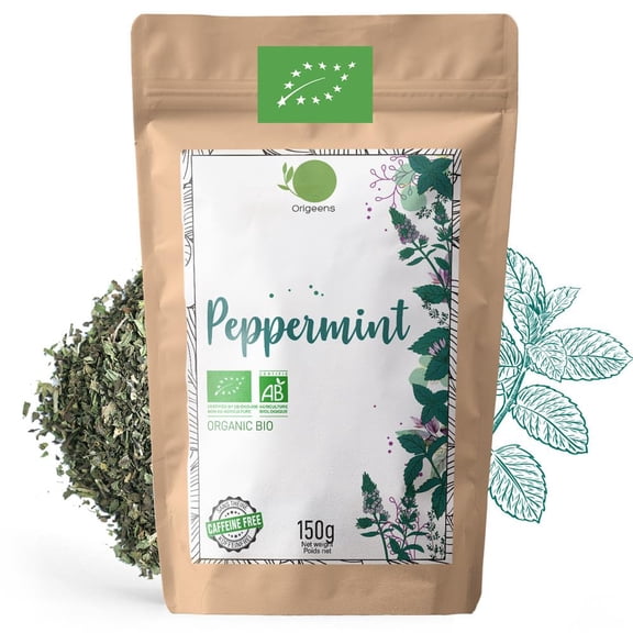 ORIGEENS ORGANIC PEPPERMINT LEAVES 150g - Dried mint leaves for making mint tea and iced tea - Organic peppermint loose leaf