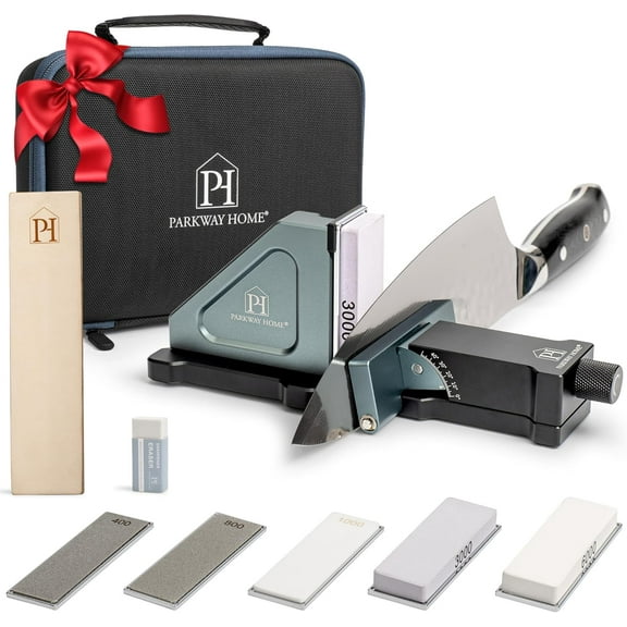 ORIGINAL ADJUSTABLE ROLLING KNIFE SHARPENER KIT: Adjustable Height, 30 Angle Options, 5 Removeable Whetstone Plates, Leather Strop with Travel Case - Kitchen Knife Sharpener