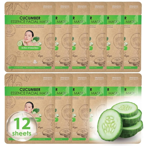 ORIGINAL DERMA BEAUTY 12 PK Vegan Face Masks for Skincare - Soothing Facial Sheet Mask Korean Skin Care (12PK Cucumber)