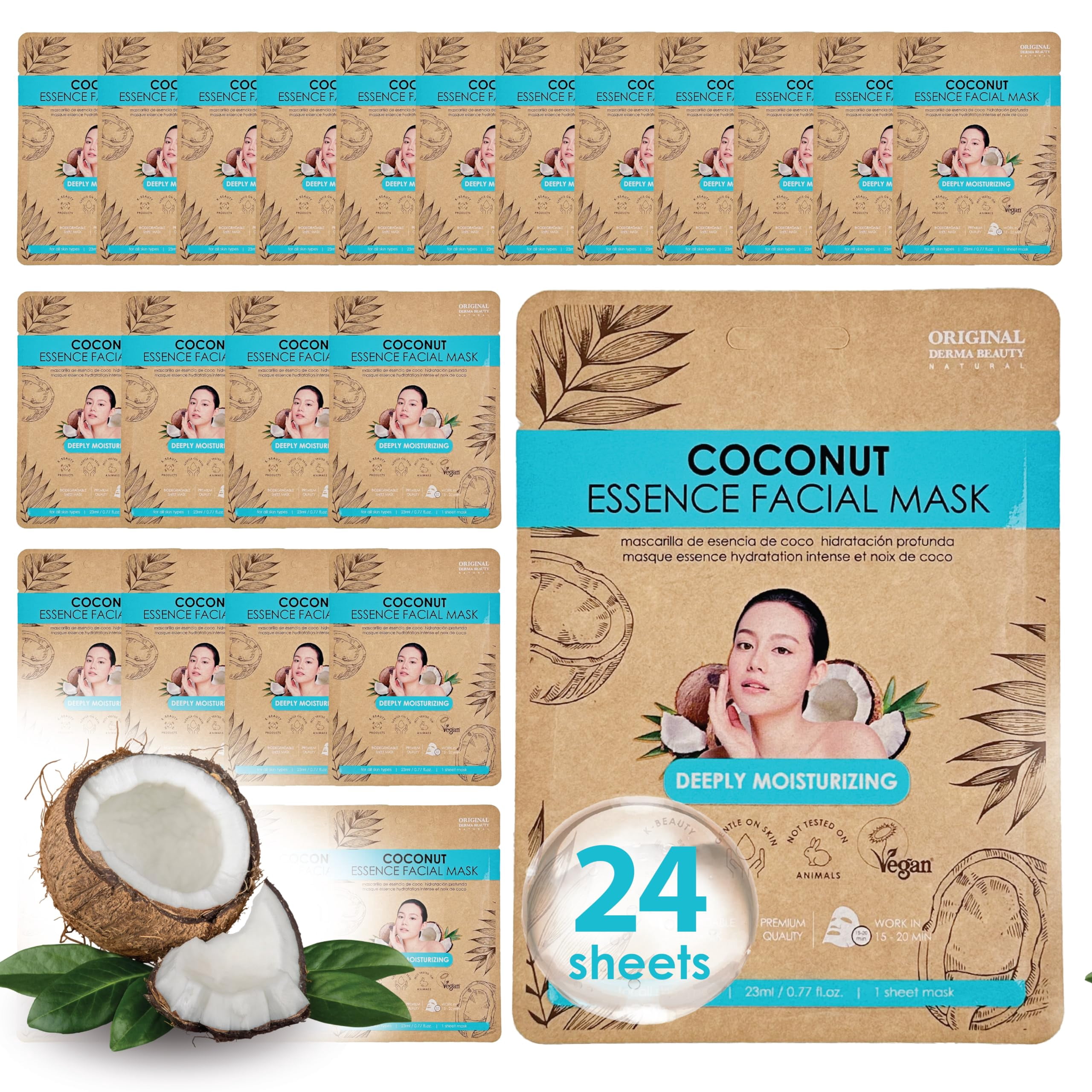 ORIGINAL DERMA BEAUTY 24 PK Vegan Face Masks for Skincare - Nourishing Facial Sheet Mask Korean Skin Care (24PK Coconut)