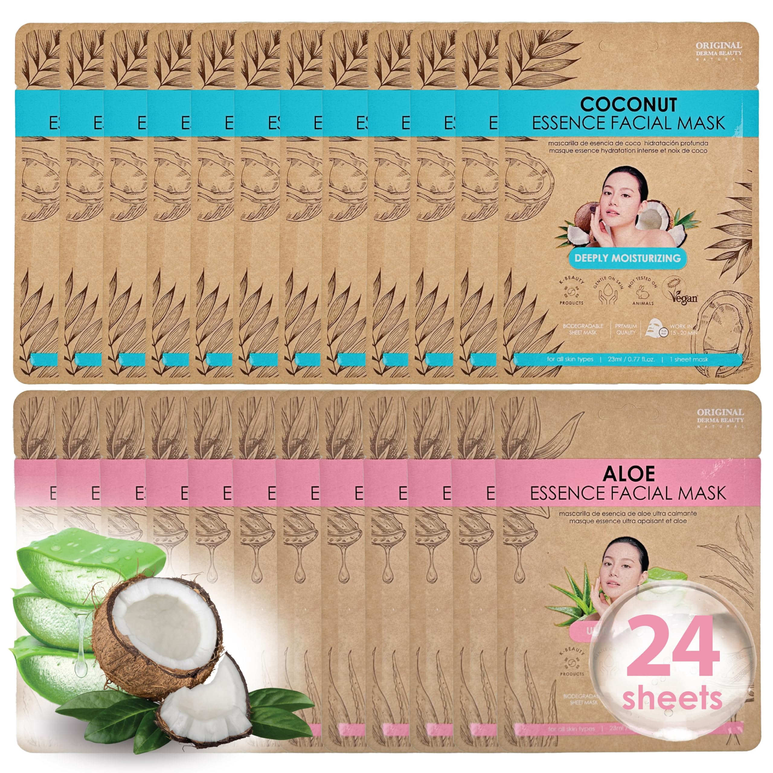 ORIGINAL DERMA BEAUTY 24PK (12+12) Vegan Face Masks for Skincare - Hydrating Facial Sheet Mask Korean Skin Care (Aloe & Coconut)