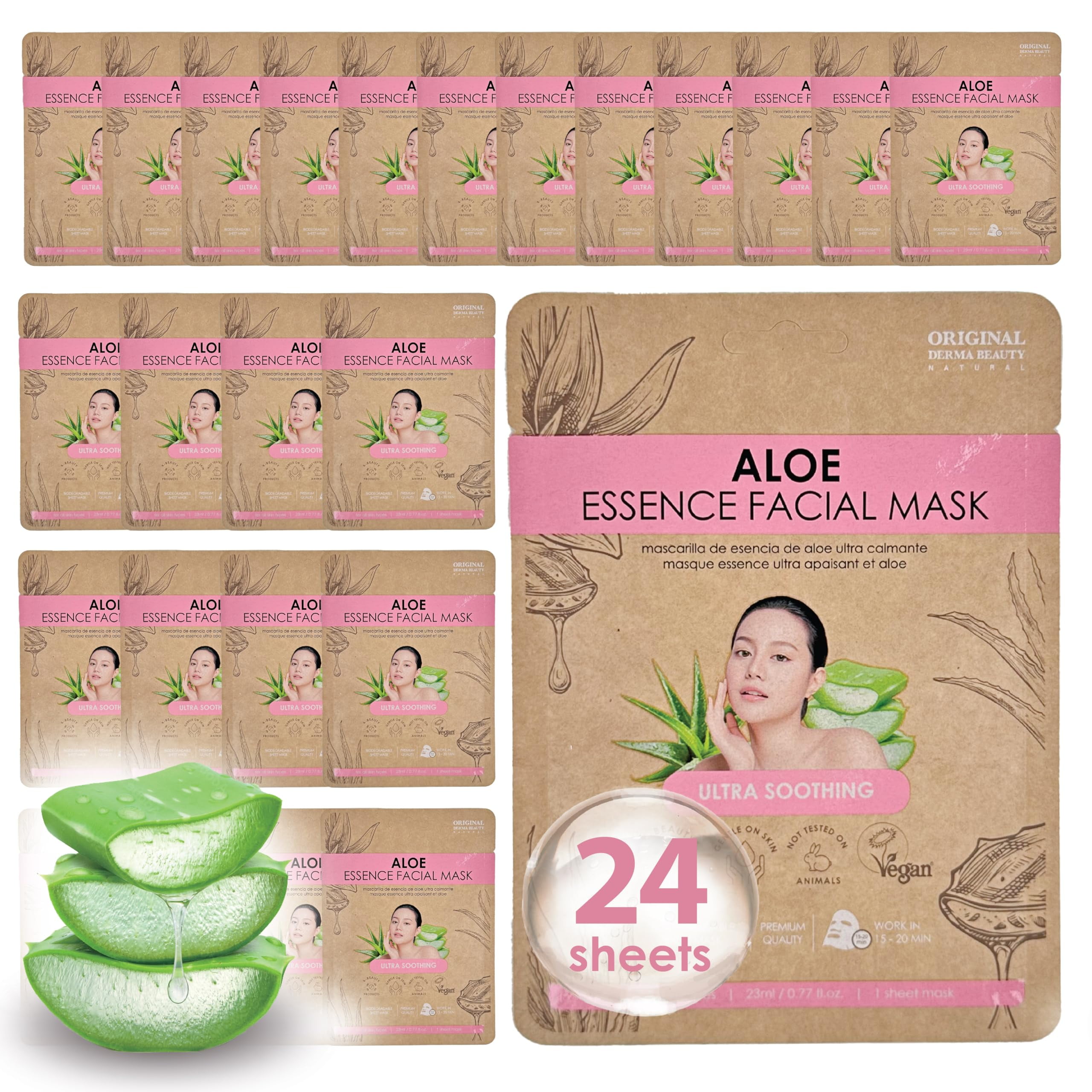 ORIGINAL DERMA BEAUTY 36 PK Vegan Face Masks for Skincare - Hydrating Facial Sheet Mask Korean Skin Care (36PK Aloe)