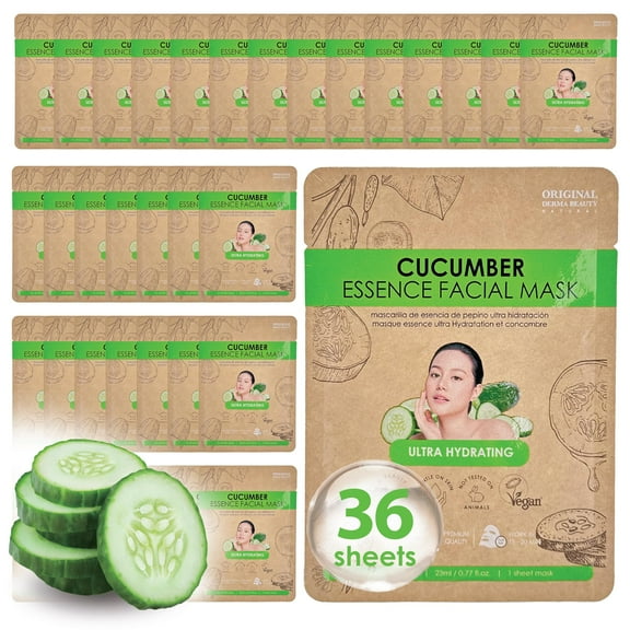 ORIGINAL DERMA BEAUTY 36 PK Vegan Face Masks for Skincare - Hydrating Facial Sheet Mask Korean Skin Care (36PK Cucumber)