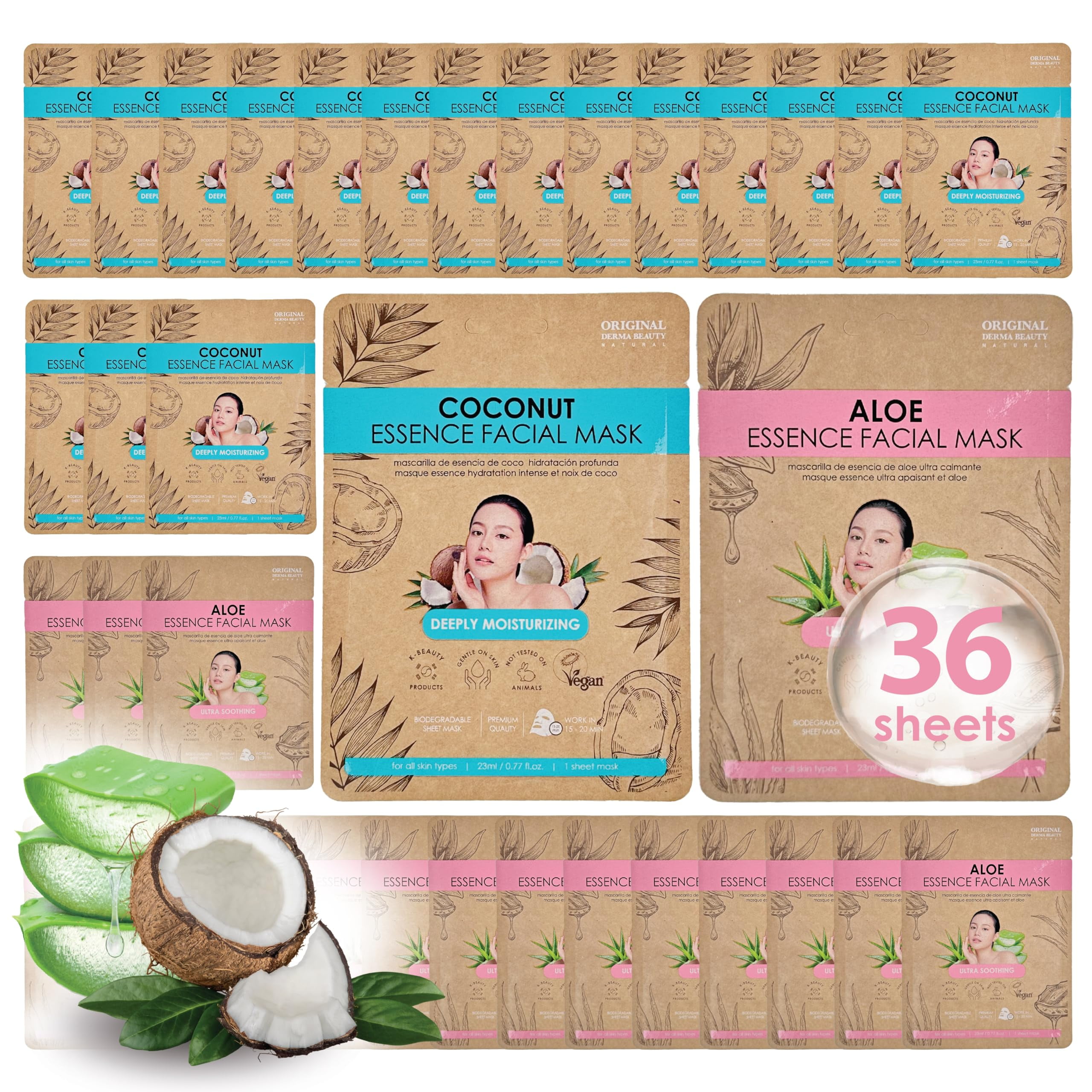 ORIGINAL DERMA BEAUTY 36 PK Vegan Face Masks for Skincare - Hydrating and Moisturizing Facial Sheet Mask Korean Skin Care (36PK Aloe & Coconut)