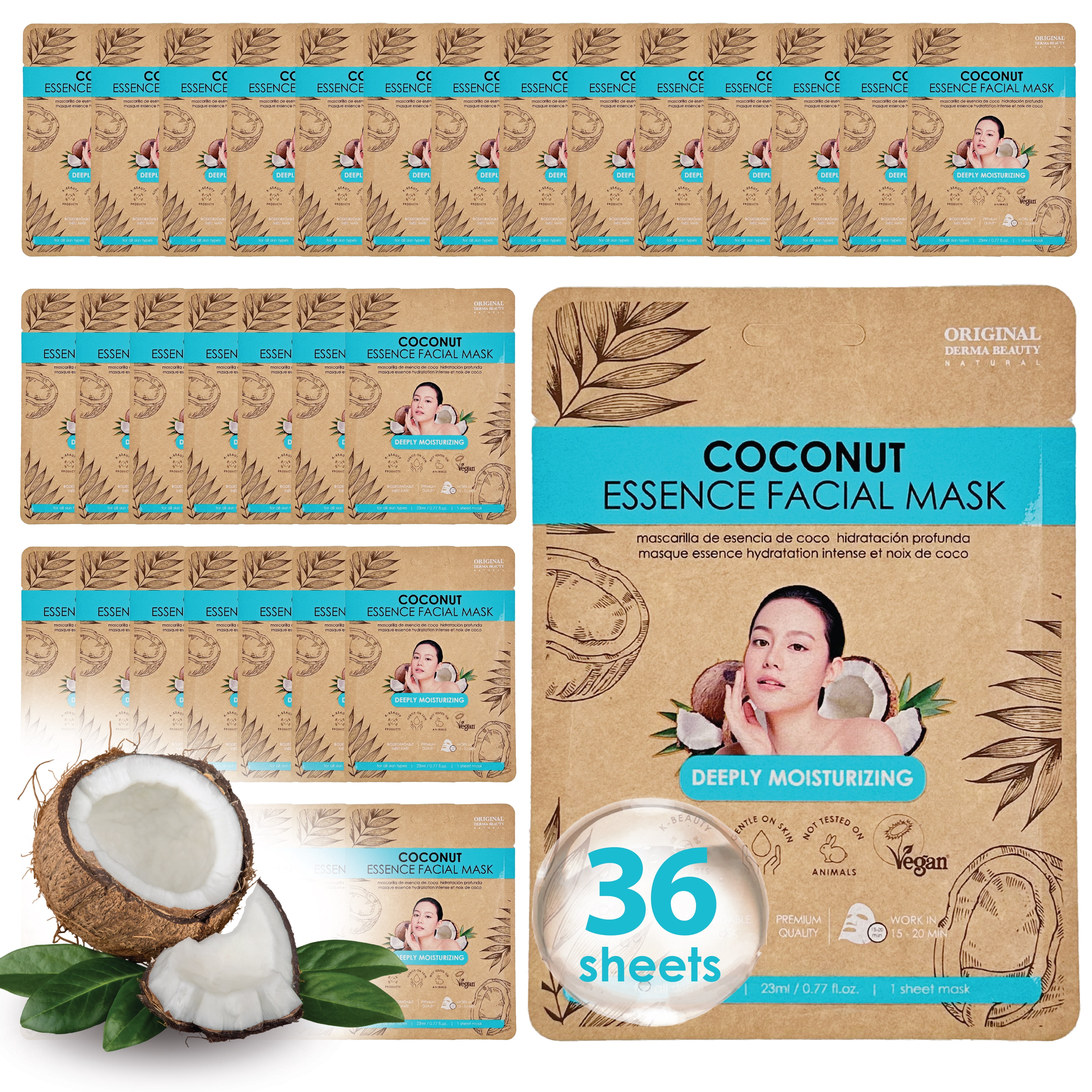 ORIGINAL DERMA BEAUTY 36 PK Vegan Face Masks for Skincare - Moisturizing Facial Sheet Mask Korean Skin Care (36PK Coconut)
