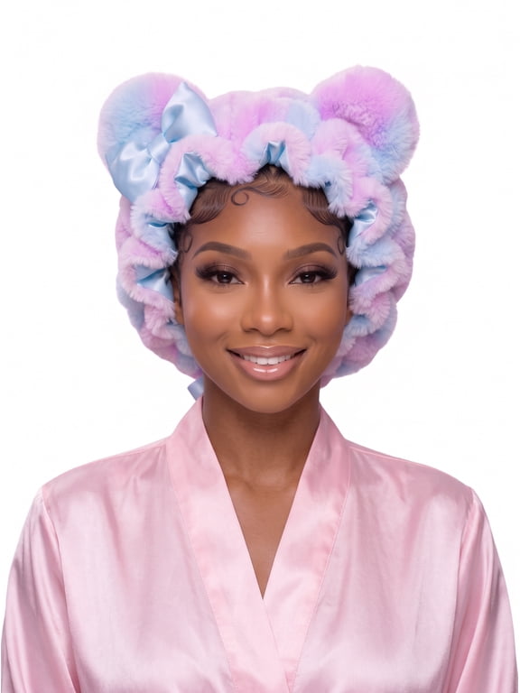 ORIGINAL Lee's Doll House Plush Teddy Bear Hair Bonnet for Women, Satin-Lined Faux Fur Sleep Cap with Bear Ears