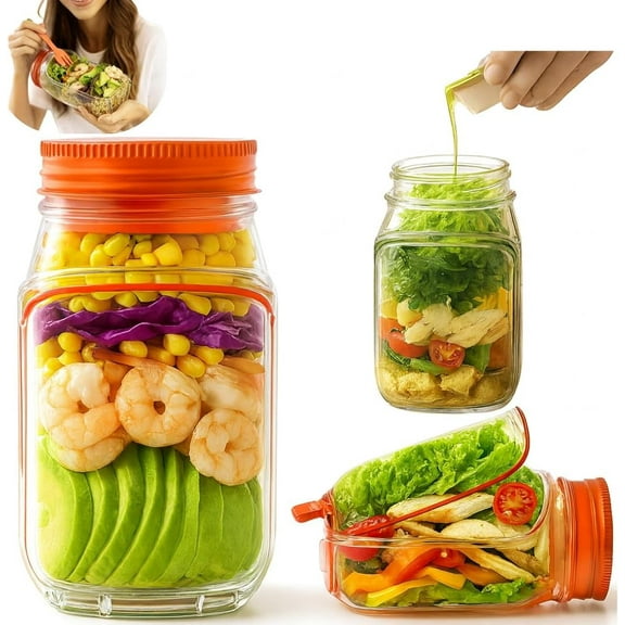 ORIGINAL SALAD POD- Salad Pod Mason Jar Side Open, Original Salad Jar with Side Opening for Lunch, Portable Salads Dressing Container with Lid for Travel Leakproof (ORANGE)