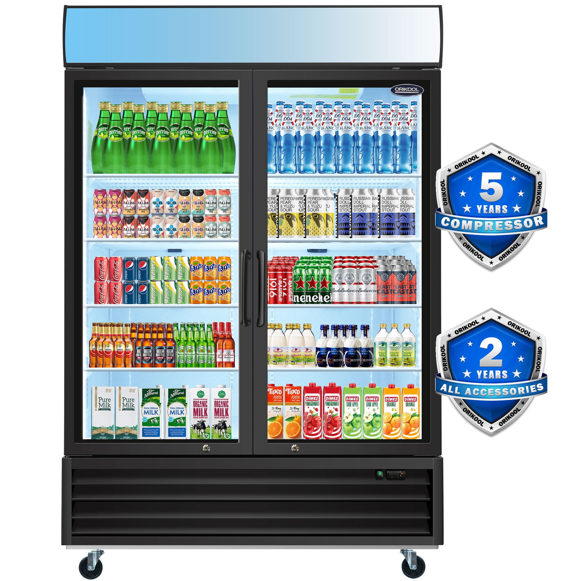 ORIKOOL 53 in Glass Door Merchandiser Refrigerator 44.7 Cu.ft Swing Door Commercial Display Refrigerators Merchandising Refrigeration with LED Top Panel
