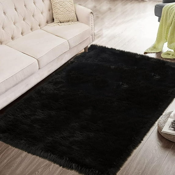 ORINOVA Black Faux Sheepskin Washable Fluffy Fur Rugs For Bedroom Fuzzy Nursery Rug 3x5 Rectangle Rug Cute Room Home D?cor