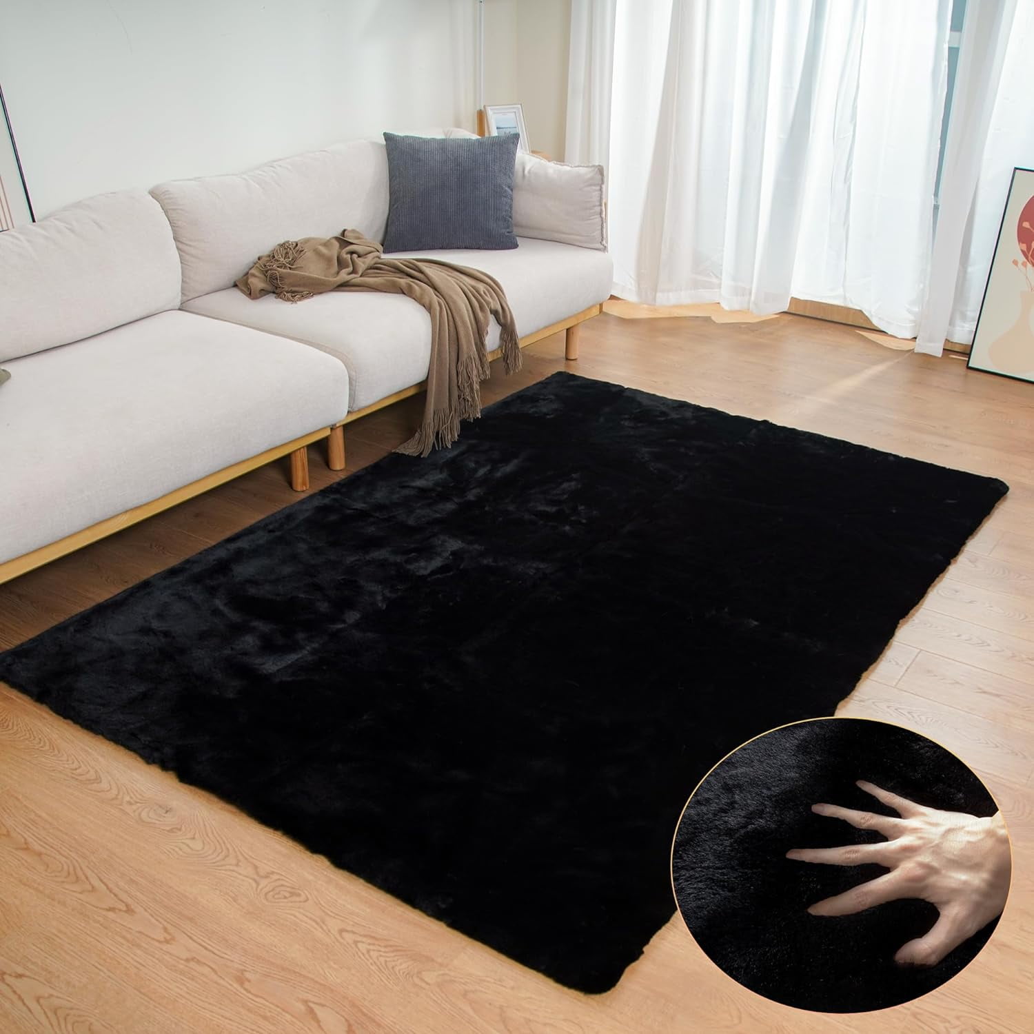 Orinova Black Fluffy Furry Rug, 4x6 Washable Shaggy Area Carpet, Faux ...