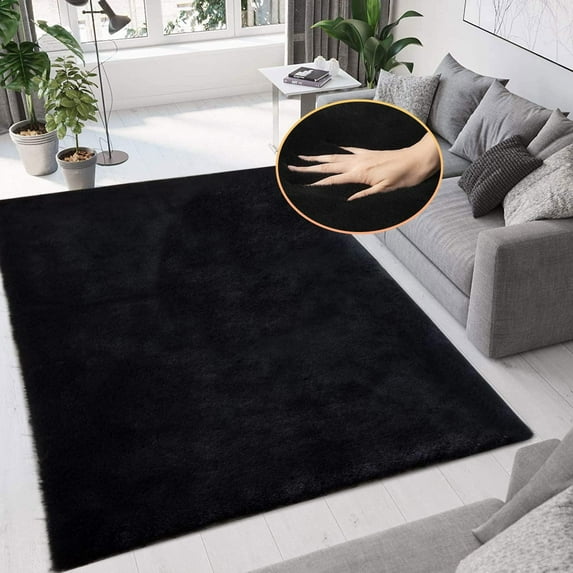 ORINOVA Black Fluffy Rug 5x8 Area Rugs For Bedroom Fuzzy Faux Rabbit Washable Fur Rugs For Living Room Teen Room Nursery Rectangle Rug
