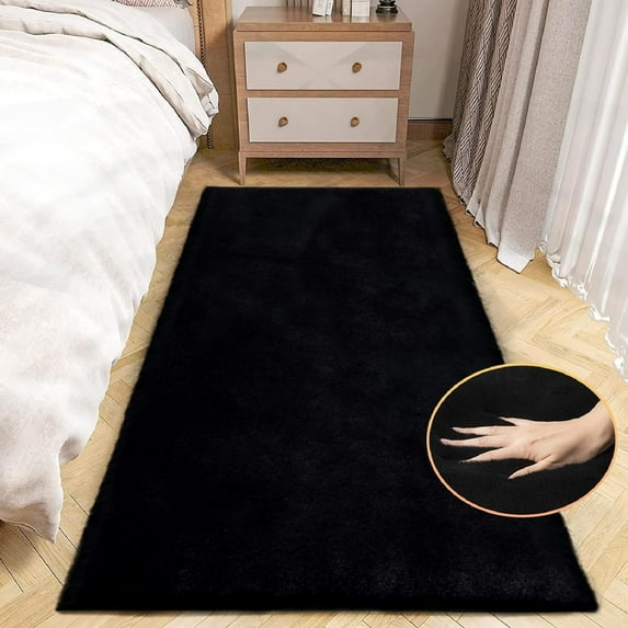 ORINOVA Black Fluffy Rug For Bedroom Shag Rug Washable Carpet Faux Rabbit Fur Rugs For Living Room Hallway Teen Room D?cor Nursery Rugs Runner 2x6