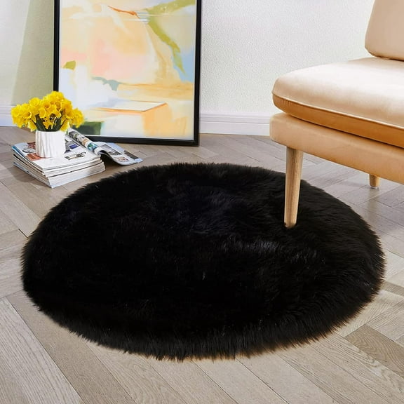 ORINOVA Black Fuzzy Washable Shaggy Area Rugs For Bedroom Small Circle Faux Sheepskin Shag Fur Round Rug 3ft Nursery Rug