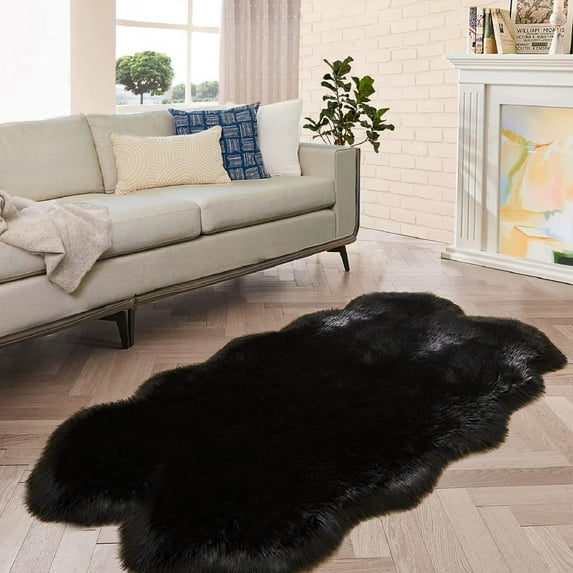 ORINOVA Black Shag Faux Fur 4x6 Area Rugs For Bedroom Washable Fuzzy Sheepskin Fur Rug For Living Room Nursery Rug