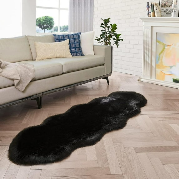 ORINOVA Black Shag Washable Furry Fur Area Rugs For Bedroom Faux Sheepskin Fuzzy Fur Nursery Rug Runners 2x6 Cute Room D?cor