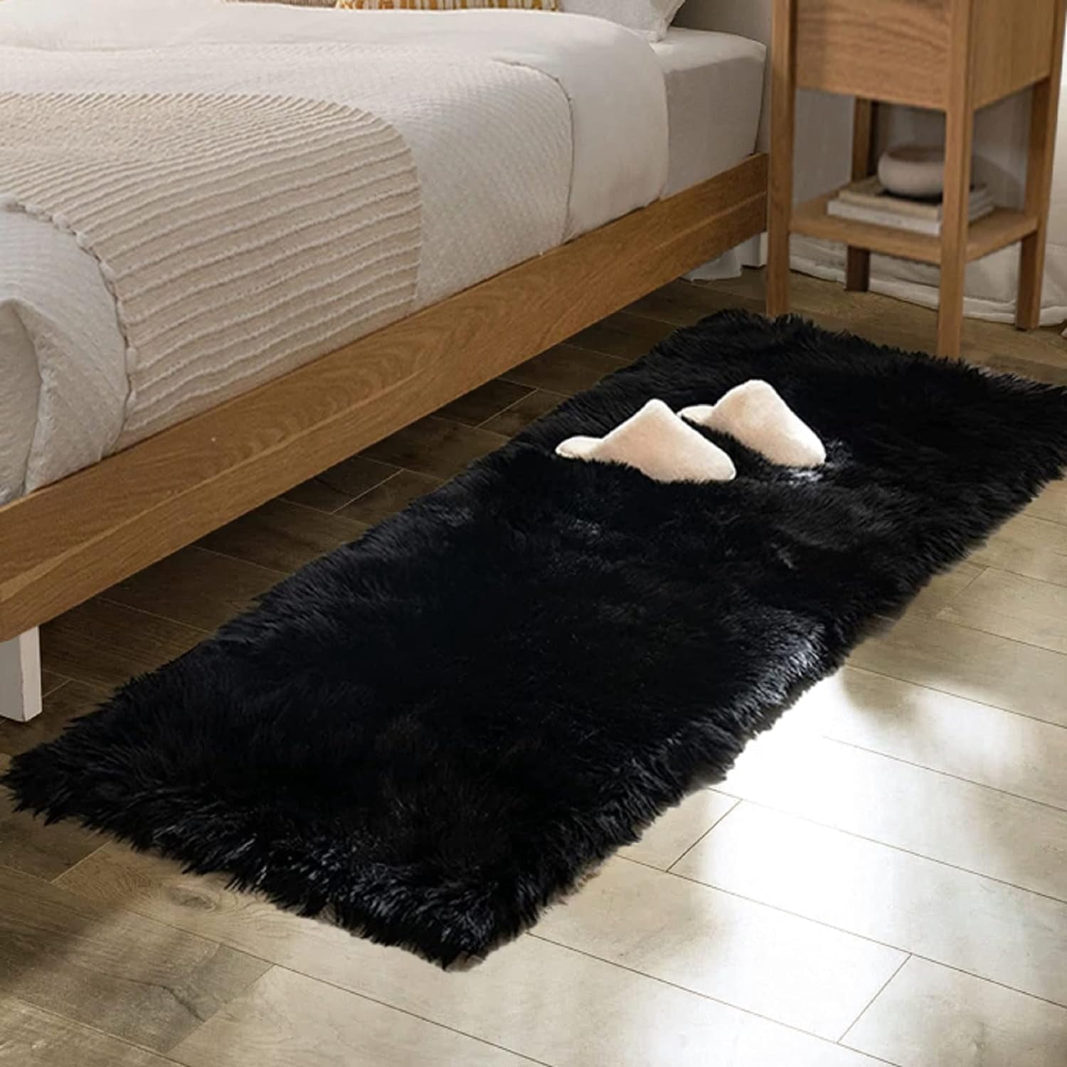 ORINOVA Black Washable Fluffy Area Rugs For Bedroom Shaggy Faux Sheepskin Fuzzy Fur Carpet For Living Room Hallway Nursery Rugs Runner 2x6