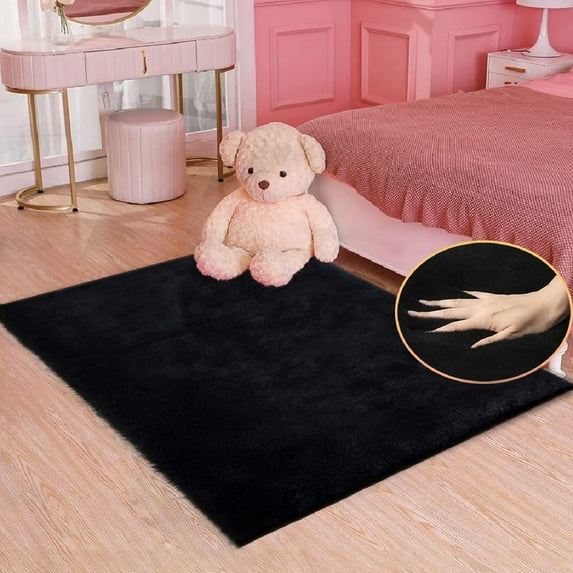 ORINOVA Fuzzy Faux Rabbit Fur Rug Fluffy Rug Washable Area Rug For Living Room Black Furry Rugs For Bedroom Rugs 3x5 Girl Room Home Decor Rectangle Rug