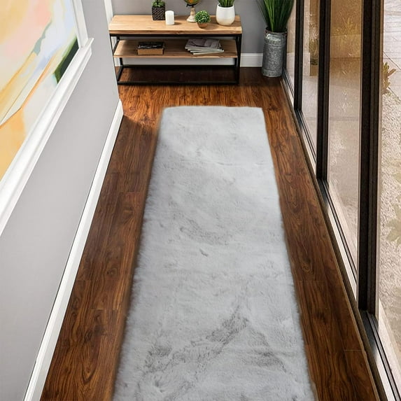 ORINOVA Fuzzy Grey Fluffy Washable Runner Rugs For Hallway 2x10 Plush Faux Rabbit Furry Fur Rugs For Bedroom Living Room Home D?cor