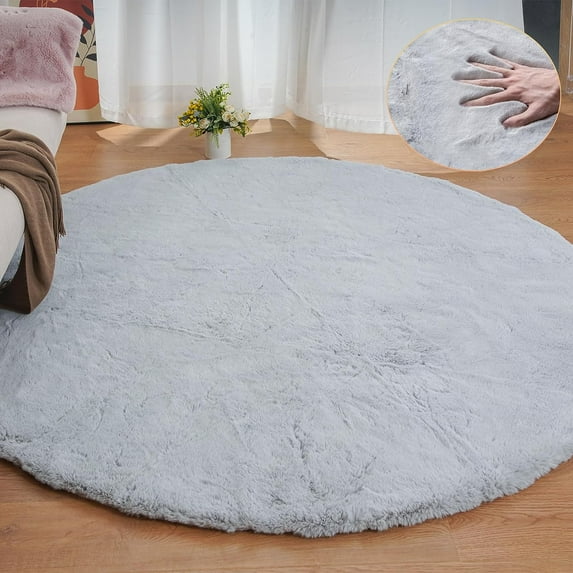 ORINOVA Light Grey Washable 8ft Round shag Area Rugs For Bedroom Faux Rabbit Fur Circle Rug For Living Room Large Sheepskin Nursery Rug Home D?cor