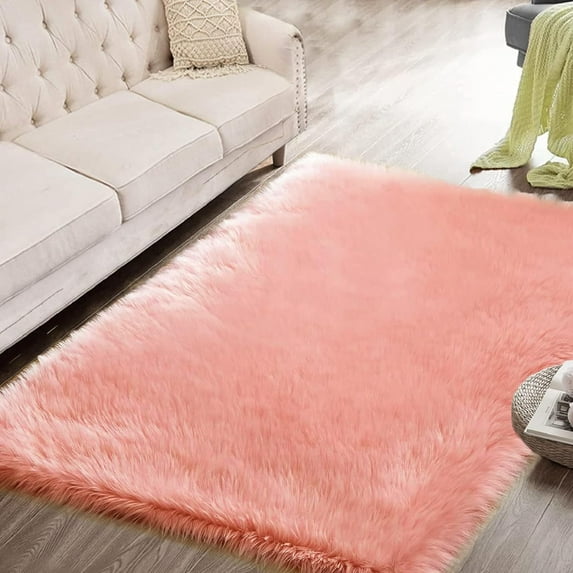 ORINOVA Pink Shag Faux Sheepskin Washable Fur Rug For Living Room Bedroom Furry Area Rug 4x6 Rectangle Rug Nursery Decor Girl