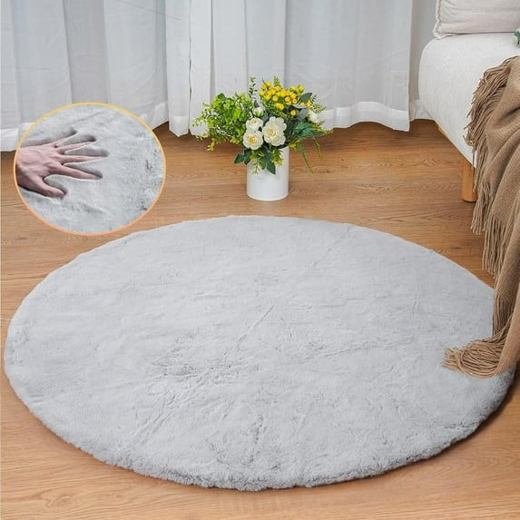 ORINOVA Round Furry Rugs For Living Room Faux Rabbit Fluffy Fur Rug For Bedroom Washable Area Rugs Boho Circle Rug Grey Shag Rug 4ft