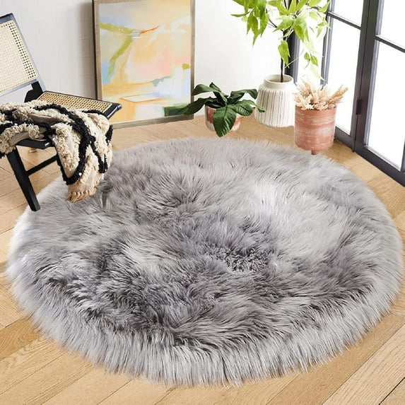 ORINOVA Silver Grey Furry Washable Faux Shaggy Fur Rugs For Living Room Small Circle Fluffy Sheepskin Fur Rug For Nursery Round Rug 5ft