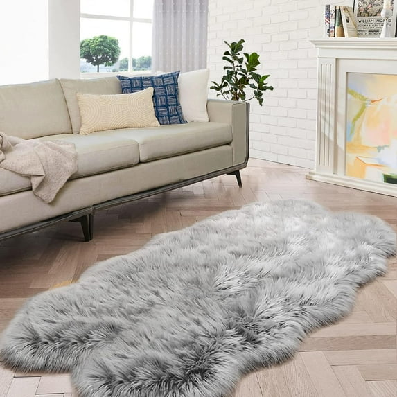 ORINOVA Silver Grey Plush Faux Sheepskin Fur Area Rugs For Bedroom Nursery Washable Shag Rug 4x6 Rectangle Rug
