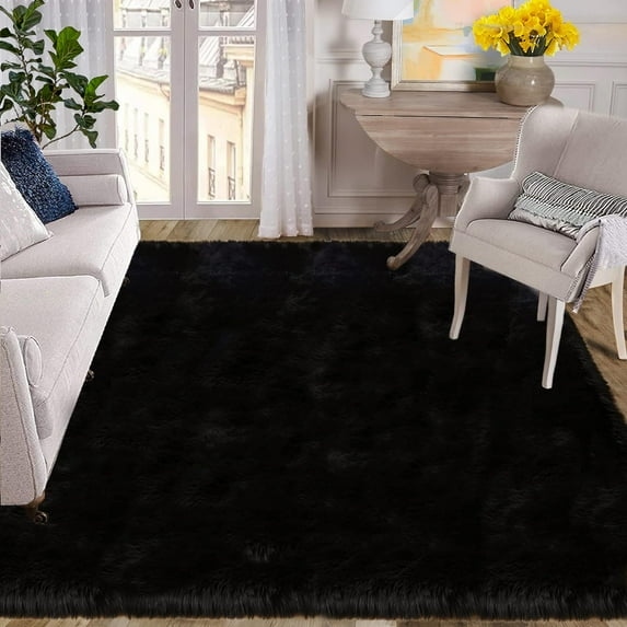 ORINOVA Washable Area Rugs 9x12 Living Room Large Black Faux Sheepskin Shaggy Fur Rug For Nursery Fluffy Rug For Bedroom Rectangle Rug