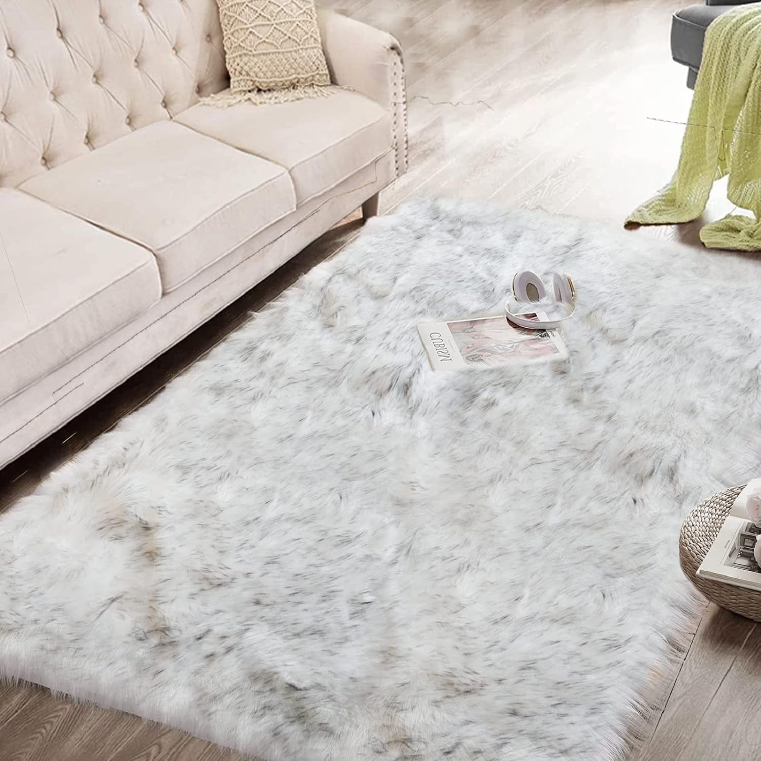 ORINOVA White And Grey Faux Shaggy Fur Rug For Living Room Plush