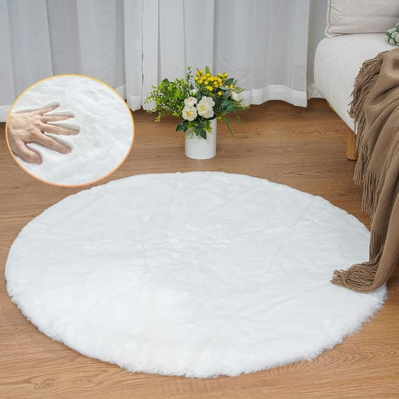ORINOVA White Faux Fur Round Rug 4ft Fluffy Rabbit Fur Rug Machine Washable Circle Area Rugs For Living Room Bedroom Home Teen Room Nursery D?cor