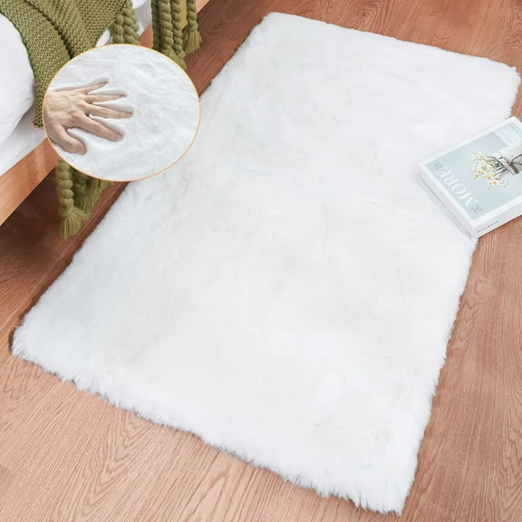 ORINOVA White Faux Rabbit Fluffy Fur Rug Washable Area Rugs For Living Room Nursery Rugs For Bedroom 2x3 Rectange Rug Cute Home D?cor