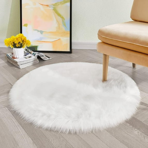 ORINOVA White Fluffy Faux Fur Rugs for Bedroom Sheepskin Machine Washable Shag Area Rugs for Living Room Small Circle Boho Round Rug 3ft