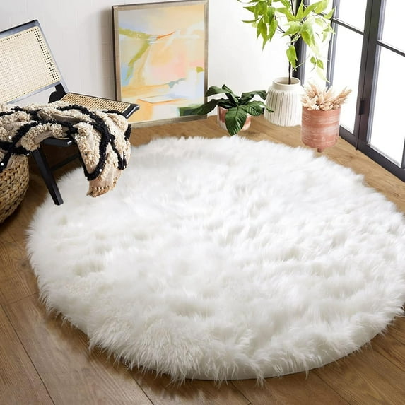 ORINOVA White Shag Round Rugs 6ft Washable Faux Sheepskin Fluffy Fur Area Rugs for Living Room Large Circle Boho Nursery Rug Teen Room D?cor