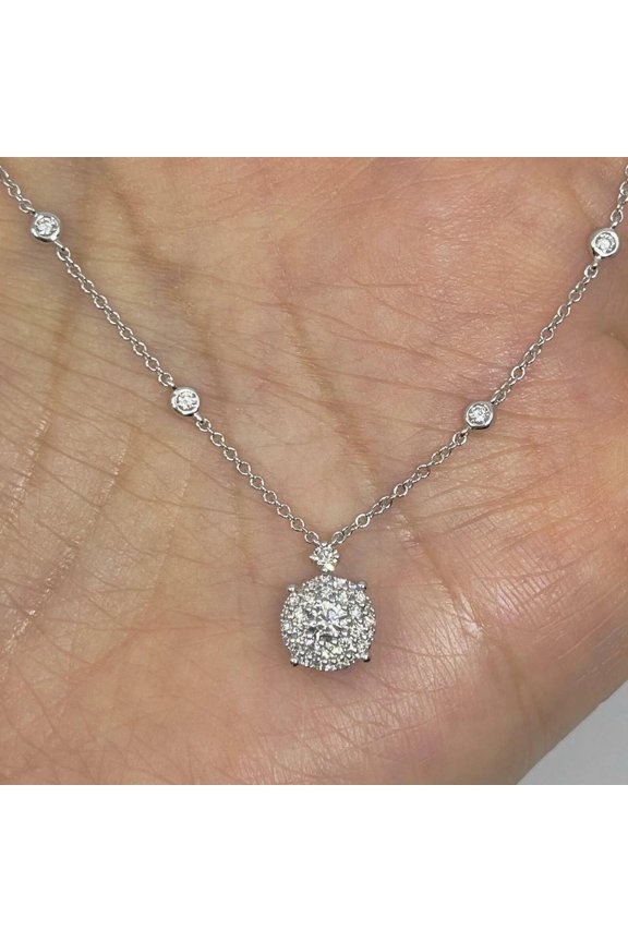 Women 1Ct Round Cut Moissanite Cluster Pendant Necklace 14K White Gold Plated
