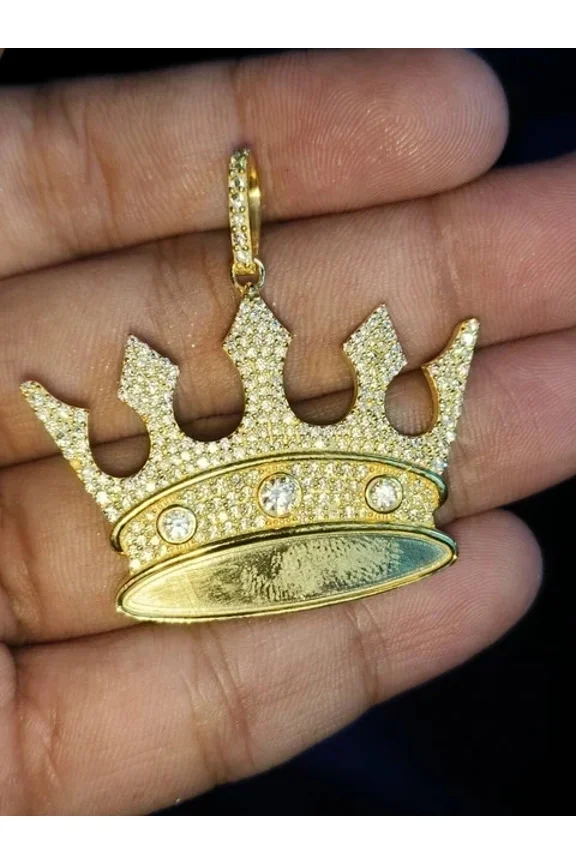 1.5Ct Round Cut Moissanite 14K Yellow Gold Plated King Crown Pendant Silver