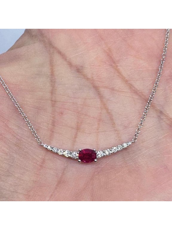 14K White Gold Plated 2.20Ct Oval Cut Lab Created Red Ruby Bar Necklace for Women