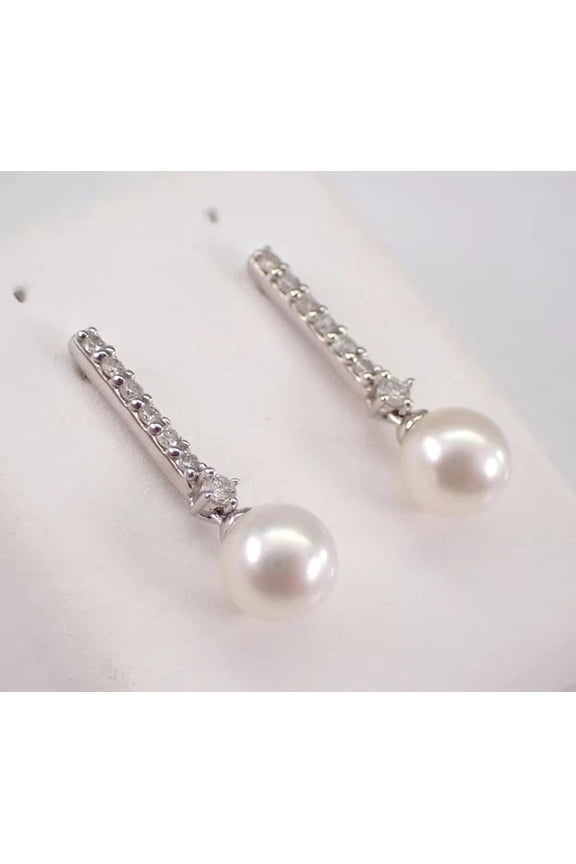 14K White Gold Plated 2Ct Round Cut White Pearl Drop/Dangle Earrings