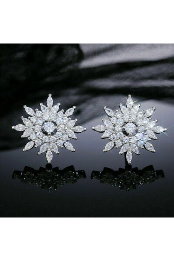 14K White Gold Plated 3Ct Moissanite Round Cut Snowflake Stud Earrings