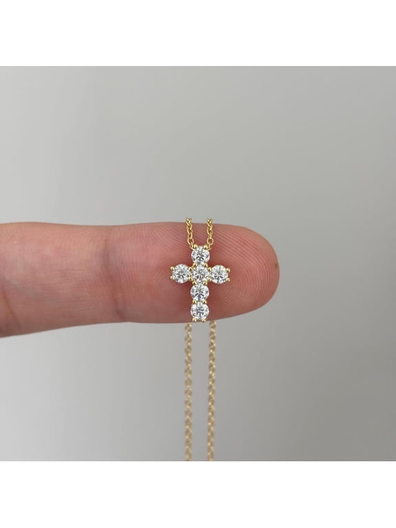 14K Yellow Gold Plated 1.20Ct Moissanite Women Tiny Cross Pendant Chain 18"