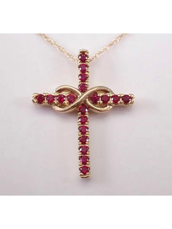 14K Yellow Gold Plated Round Cut Lab Created Ruby Cross Women's Pendant Chain