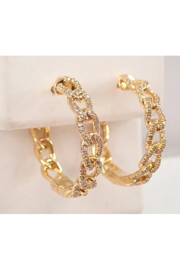 14K Yellow Gold Plated Women 2Ct Moissanite Round Cut Cuban Link Huggie Hoop Earrings