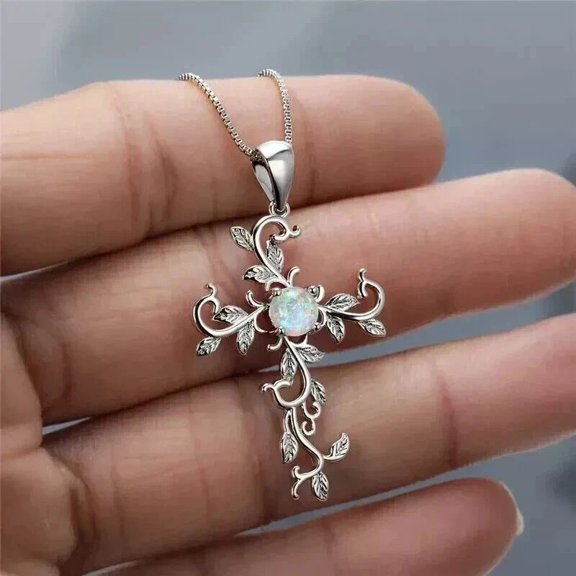 ORLOV DIAMONDS 14k White Gold Plated 2Ct Lab-Created Fire Opal Cross Pendant Chain