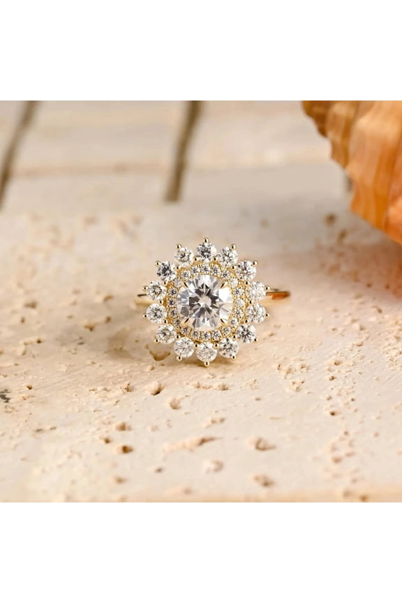 14k Yellow Gold Plated 2ct Round Cut Moissanite Double Halo Women's Engagement Ring